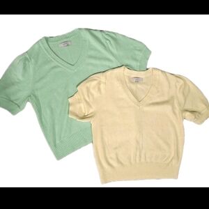 LOFT Cozy V-Neck Sweaters  Puff Short Sleeve Knit Lot Of 2